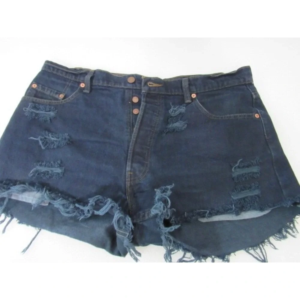 Levis 525 Jean Shorts Blue  Frayed  Cutoff  Dark Wash High Rise Button Fly Sz 38